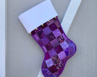 Scrappy Quilted Purple Christmas Stocking, Flannel Cuff with Jingle Bells, Cotton Patchwork, Fully Lined, Large, Personalized Free