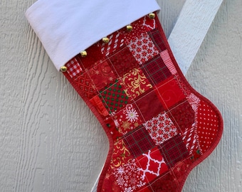 Scrappy Quilted Christmas Stocking, Red & White Patchwork, Free Personalization, Flannel Cuff with Jingle Bells, Large Size, Fully Lined
