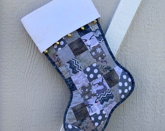 Quilted Gray Christmas Stocking, Flannel Cuff with Jingle Bells, Scrappy Grey Cotton Patchwork, Fully Lined, Large, Personalized Free