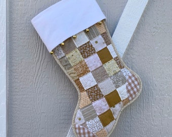 Quilted Beige & Gold  Christmas Stocking,  Cottton Patchwork, Free Personalization, Large Size, Fully Lined, Flannel Cuff with Jingle Bells
