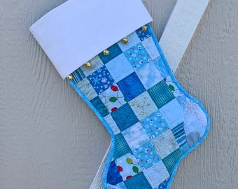 Scrappy Quilted Turquoise Christmas Stocking, Cotton Patchwork, White Flannel Cuff with Jingle Bells, Large, Fully Lined,  Personalized Free