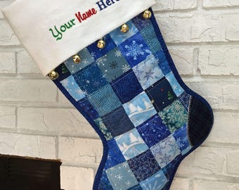 Quilted Christmas Stocking, Blue Patchwork, White Flannel Cuff with Jingle Bells, Large, Fully Lined,  Free Personalization