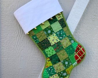 Scrappy Quilted Christmas Stocking, Green and Red Patchwork, Free Personalization, with Flannel Cuff and Jingle Bells, Fully Lined