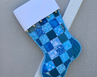 Scrappy Quilted Turquoise Christmas Stocking, Cotton Patchwork, White Flannel Cuff with Jingle Bells, Large, Fully Lined,  Personalized Free