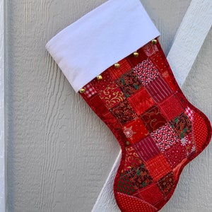 Quilted Christmas Stocking, Red & White Cottton Patchwork, Free Personalization, Flannel Cuff with Jingle Bells, Large Size, Fully Lined image 1