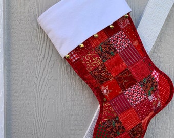 Quilted Christmas Stocking, Red & White Cottton Patchwork, Free Personalization, Flannel Cuff with Jingle Bells, Large Size, Fully Lined