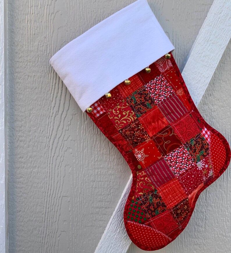Quilted Christmas Stocking, Red & White Cottton Patchwork, Free Personalization, Flannel Cuff with Jingle Bells, Large Size, Fully Lined image 1