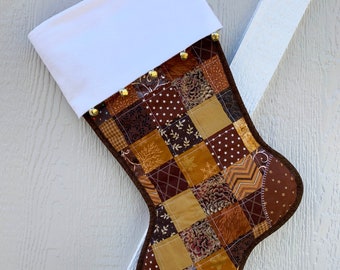 Scrappy Quilted Christmas Stocking, Brown and Copper Patchwork, Free Personalization, with Flannel Cuff and Jingle Bells, Fully Lined