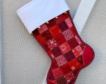 Scrappy Quilted Christmas Stocking, Red & White Patchwork, Free Personalization, Flannel Cuff with Jingle Bells, Large Size, Fully Lined