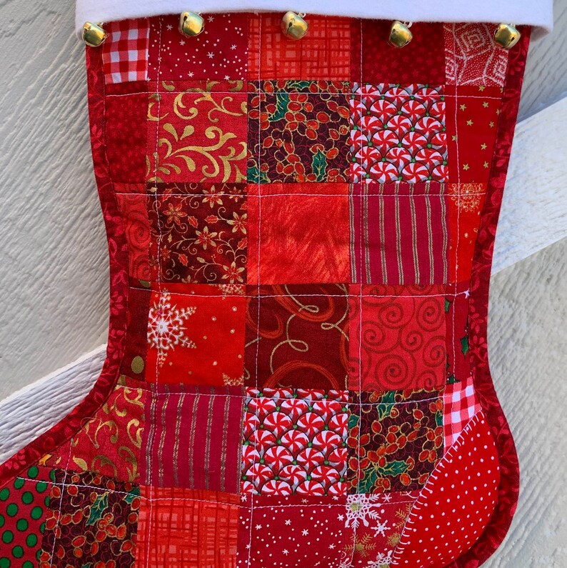 Quilted Christmas Stocking, Red & White Cottton Patchwork, Free Personalization, Flannel Cuff with Jingle Bells, Large Size, Fully Lined image 2