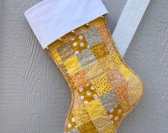 Quilted Patchwork Christmas Stocking, Yellow and Gold Cotton, Large Size, Flannel Cuff and Jingle Bells, Fully Lined, Free Personalization