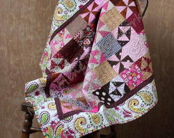 Patchwork Quilt for Baby Girl, Pink and Brown Whimsical Pinwheel Pattern with  Paisley Border, Wall Hanging or Table Topper