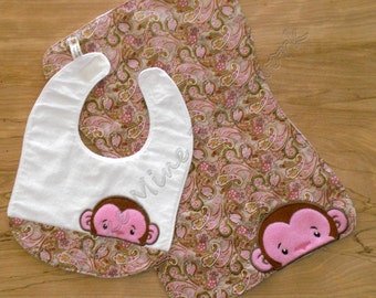 Monkey Bib and Burpcloth for Baby Girl, Cotton with Pink Paisley Print, Fleece Applique, Flannel with Terry Cloth Liner, Gift Set