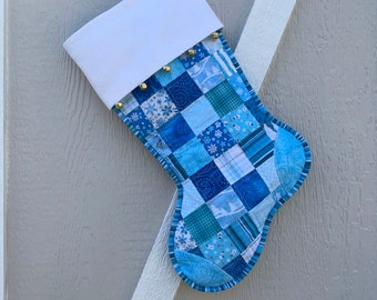 Scrappy Quilted Christmas Stocking, Turquoise Cotton Patchwork, White Flannel Cuff with Jingle Bells, Large, Fully Lined,  Personalized Free