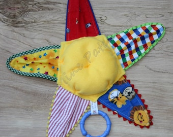 Baby Sensory Plush Toy, Primary Yellow, Red and Blue Texturede Fabrics, Gender Neutral Starfish with Rattle and Teething Ring