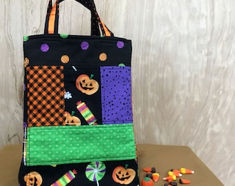 Patchwork Trick or Treat Bag, Cute Quilted Halloween Tote, Orange & Black Party Centerpiece, Cotton Fabric Trick-or-Treat Sack, Fully Lined