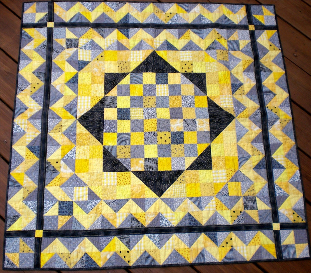 Yellow Black and Grey Cotton Patchwork Baby Quilt or Table Topper, With ...