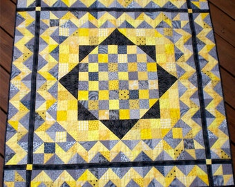 Yellow  Black and Grey Cotton Patchwork Baby Quilt or Table Topper,  with Chevron Border , Handmade