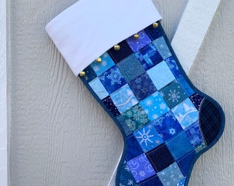 Quilted Christmas Stocking, Blue Scrappy Patchwork, White Flannel Cuff with Jingle Bells, Large, Fully Lined,  Free Personalization