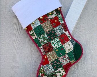 Red, Green & Cream Quilted Christmas Stocking, Cottton Patchwork, White Flannel Cuff and Jingle Bells, Large, Fully Lined, Personalized Free