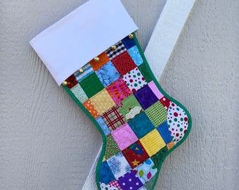 Multicolor Quilted Christmas Stocking, Scrappy Cottton Patchwork, White Flannel Cuff and Jingle Bells, Large, Fully Lined, Personalized Free