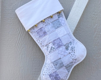 White and Gray Quilted Christmas Stocking, Flannel Cuff with Jingle Bells, Cotton Patchwork, Fully Lined, Large, Personalized Free