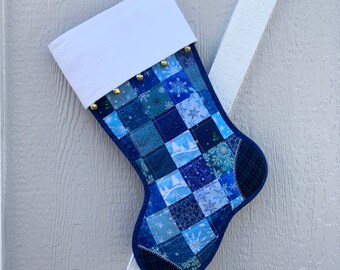 Quilted Christmas Stocking, Blue Scrappy Patchwork, White Flannel Cuff with Jingle Bells, Large, Fully Lined,  Free Personalization