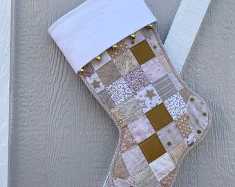 Gold & Beige Quilted Christmas Stocking,  Cottton Patchwork, Free Personalization, Large Size, Fully Lined, Flannel Cuff with Jingle Bells