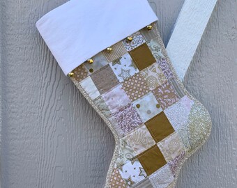 Quilted Christmas Stocking, Gold and Beige Scrappy Patchwork, Free Personalization, Large Size, Fully Lined, Flannel Cuff with Jingle Bells