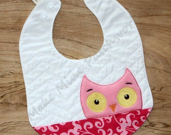 Pink and White Bib for Baby Girl, Quilted Cotton with Embroidered Fleece Owl Applique, Hot Pink Damask and Adjustable Snap Closure