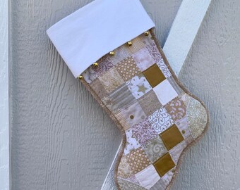 Gold & Beige Scrappy Quilted Christmas Stocking, Cottton Patchwork, Personalized Free, Large Size, Fully Lined, Flannel Cuff w Jingle Bells