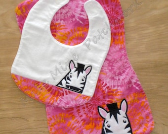 Baby Girl Bib & Burp Cloth Gift Set, Hot Pink Cotton Tie Dye Print, with Applique Zebra, Flannel Back and Terry Cloth Liner