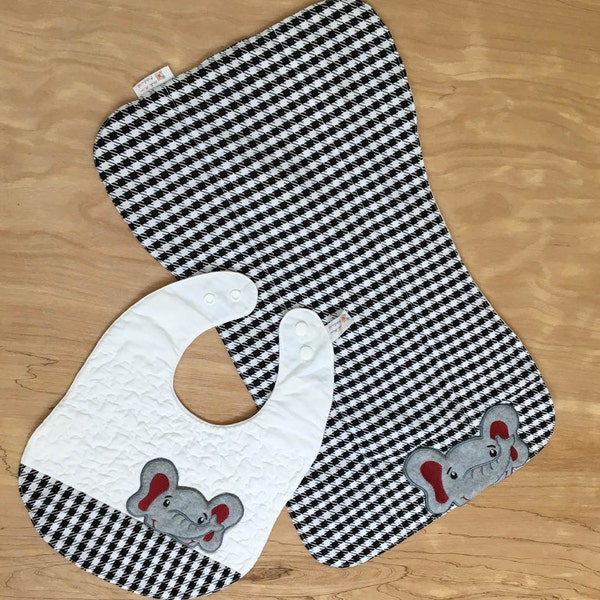 Houndstooth Elephan Baby Set, Alabama Fan Bib and Burp Cloth Gift Set, Quilted Black and White Cotton