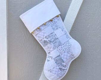 White and Gray Quilted Christmas Stocking, Flannel Cuff with Jingle Bells, Scrappy Cotton Patchwork, Fully Lined, Large, Personalized Free