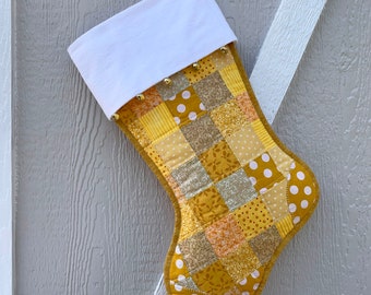 Scrappy Quilted Christmas Stocking, Yellow & Gold Patchwork, Large Size, Flannel Cuff and Jingle Bells, Fully Lined, Personalized Free