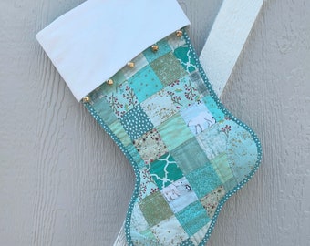 Scrappy Quilted Christmas Stocking, Light Teal and Green Patchwork, with Flannel Cuff and Jingle Bells, Fully Lined, Personalized Free