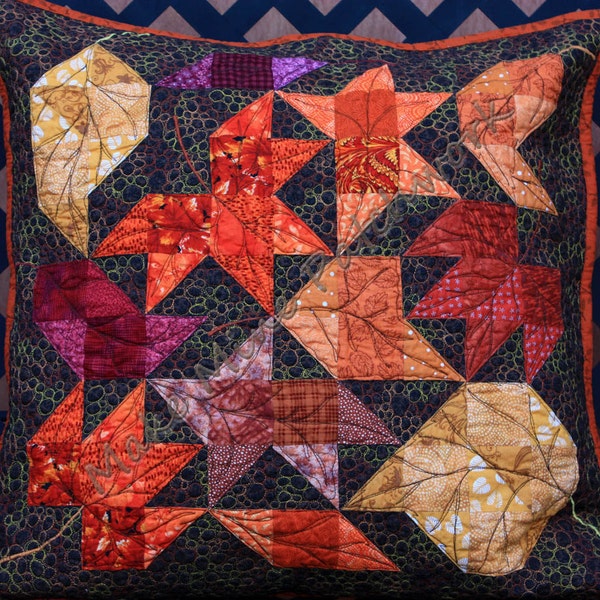 Large Throw Pillow Cover, Leaves Patchwork, Orange, Red, Gold and Brown, 100%  Cotton, with Free Motion Quilting, Velcro Closure