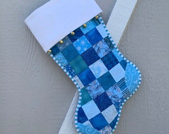 Scrappy Quilted Christmas Stocking, Turquoise Cotton Patchwork, White Flannel Cuff with Jingle Bells, Large, Fully Lined,  Personalized Free