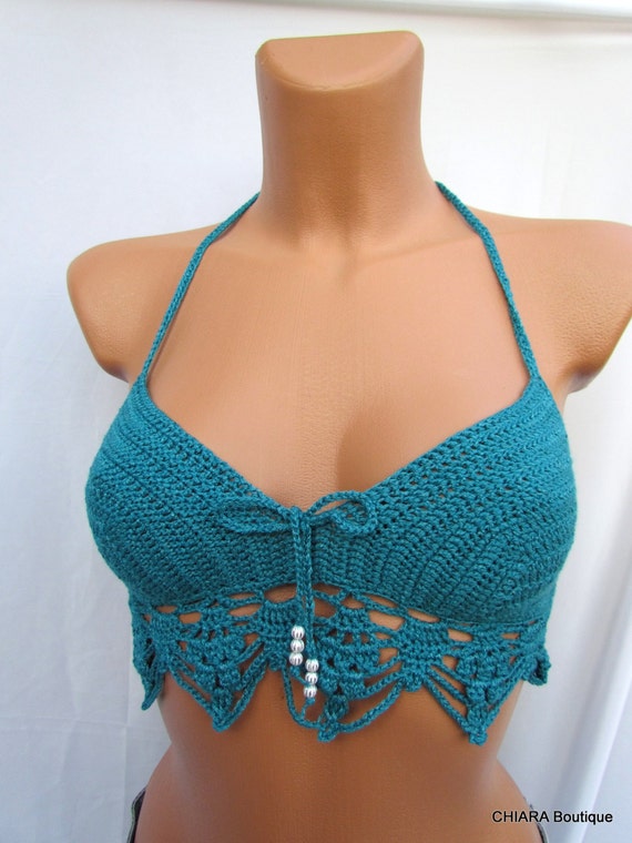 beach crochet top top bra hippie top Crochet top,aqua halter top festival top