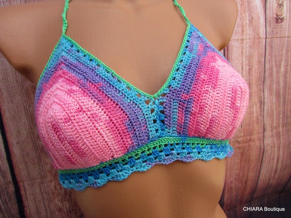 beach crochet top top bra hippie top Crochet top,aqua halter top festival top