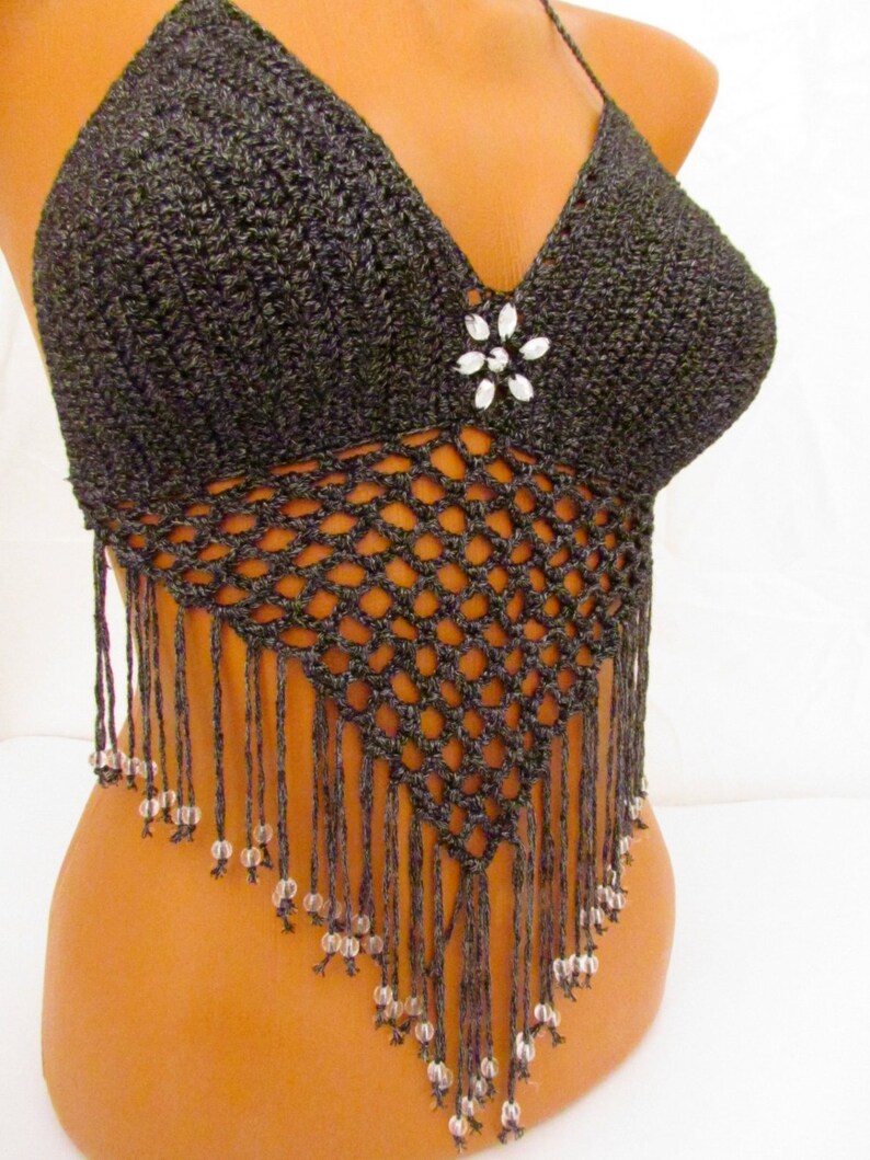 Sexy bra crochet bikini top with fringes Sexy Top in black | Etsy