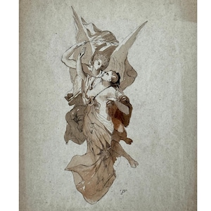 19th Century French Watercolor & Ink Painting, c. 1830s Drawing of Mythological Figures, Antique Hand Monogramed TP