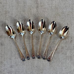 May include: Six silver spoons arranged on a textured, neutral-toned surface. The spoons have a classic design with ornate detailing on the handles and a small emblem at the base. The spoons are reflective, showing the surrounding environment.