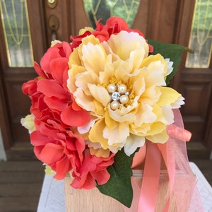 Coral & Yellow Silk Flower Girl Bouquet: Tropical Wedding Toss Bouquet