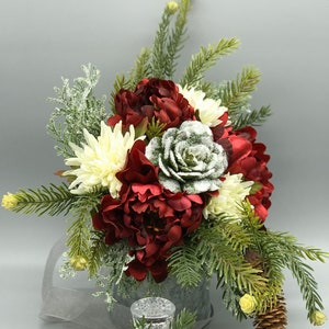 Bride Bouquet and Boutonniere Set, Peony Mum Winter Christmas Wedding, Rustic Barn Wedding