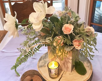 Centerpiece Peach Rose White Anemone:  Wedding Home Decor Office Decor