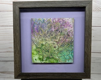 Embossed Peacock Tail Watercolor Art: Lavender, Green, Gold Accents, Framed Home Decor