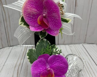 Wrist Corsage Boutonniere Set Pink Orchid:  Prom Wedding Flower Arrangement