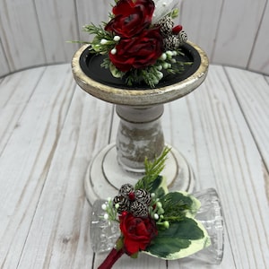 Red and White Christmas Winter Flower Ring Corsage and Boutonniere Set