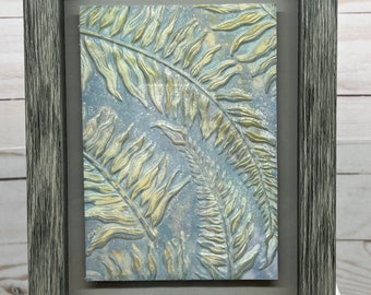 Embossed Fern Watercolor Art: Blue Cream Gilding Home Decor